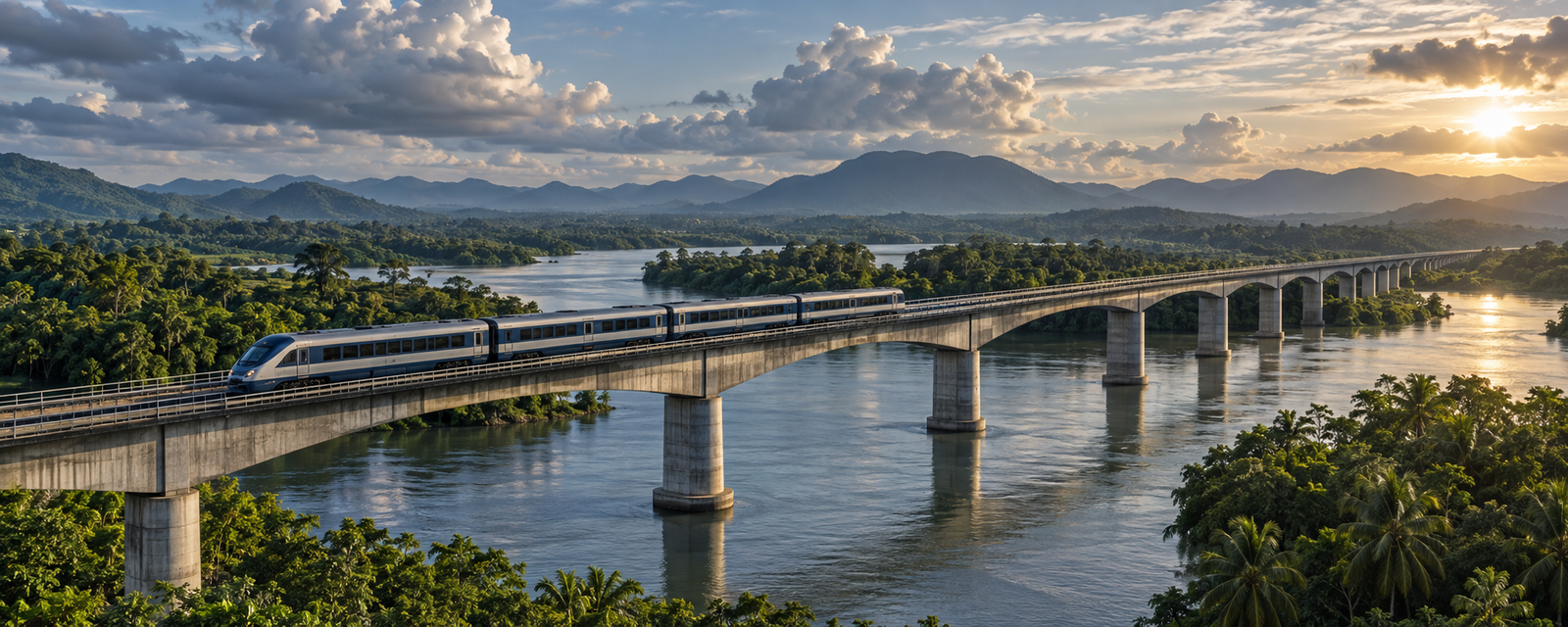 Tren moderno sobre un puente en el paisaje panameño